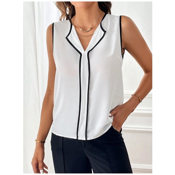 White Blouse Black Trim V-Neck Sleeveless Blouse Office Top Shirt - Picture 4 of 7